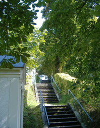 Allee im Sommer: Ein Steintreppe führt einen Weg hinauf